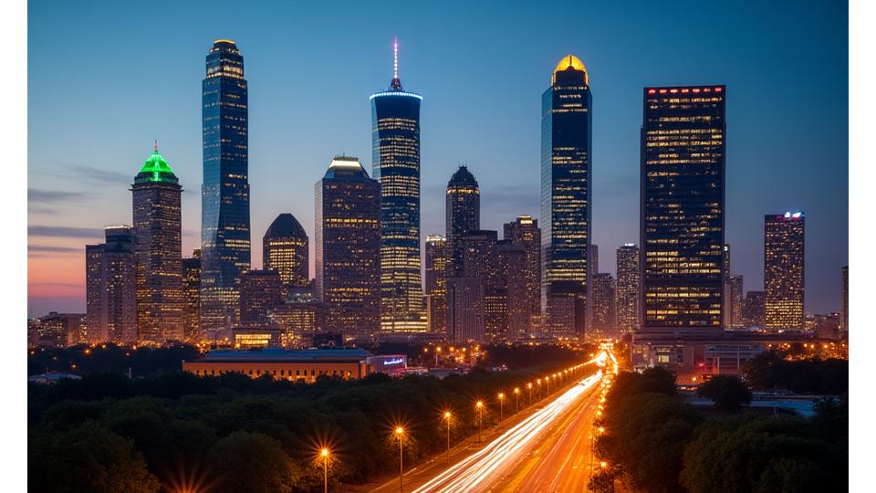 Panoramic view of the Dallas, Texas skyline at dusk, highlighting modern financial buildings.