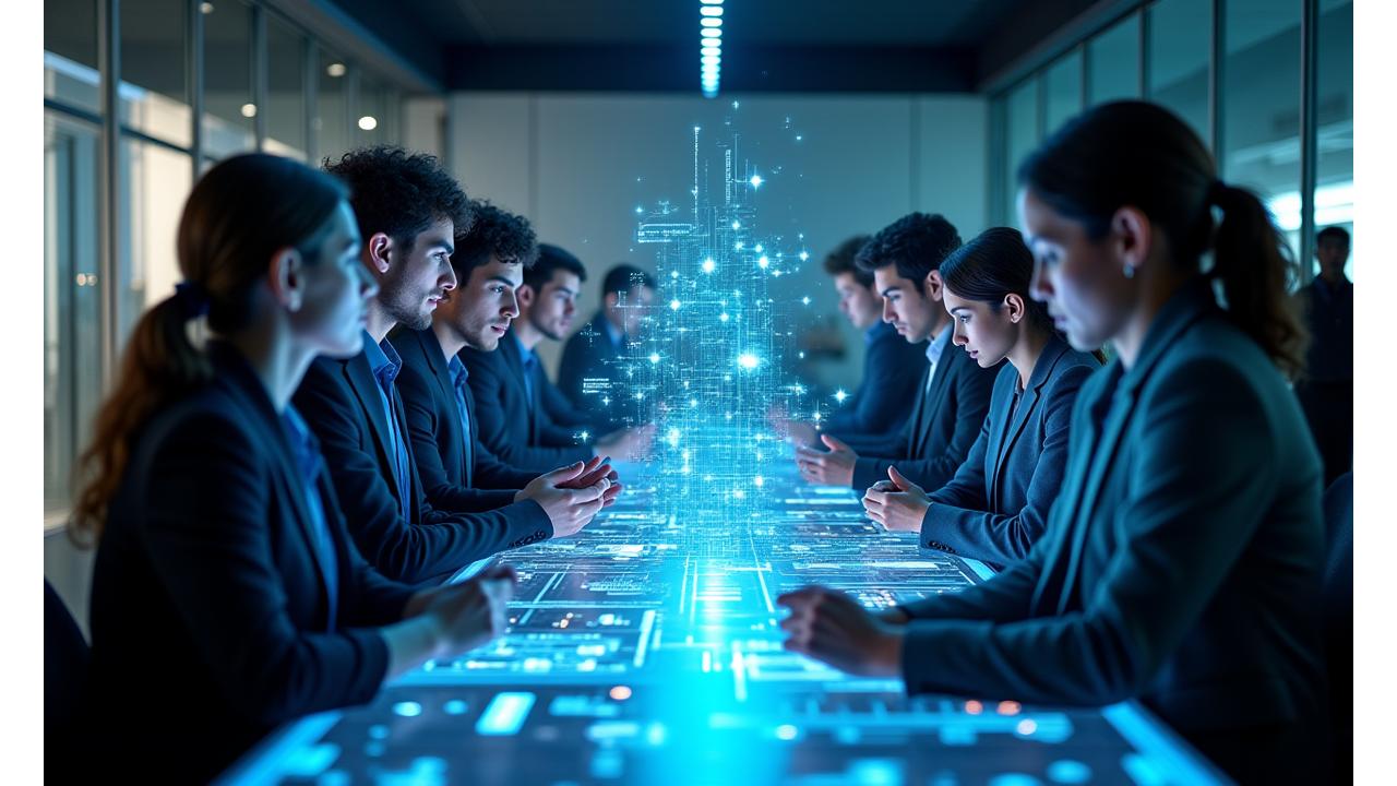 A diverse group of individuals engaging in a professional blockchain and DeFi education session, with complex charts and digital interfaces visible on screens. Represents collaborative learning and advanced technology.