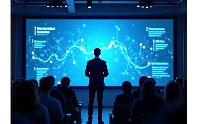 An expert presenting on blockchain fundamentals to an engaged audience at a Dallas lecture.