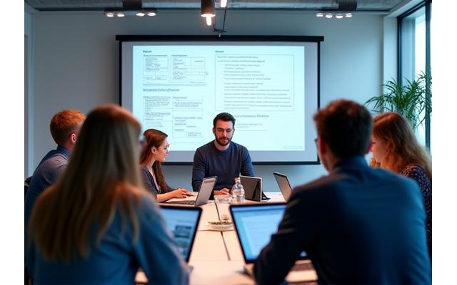A group of professionals networking and discussing blockchain concepts at a Dallas workshop event.