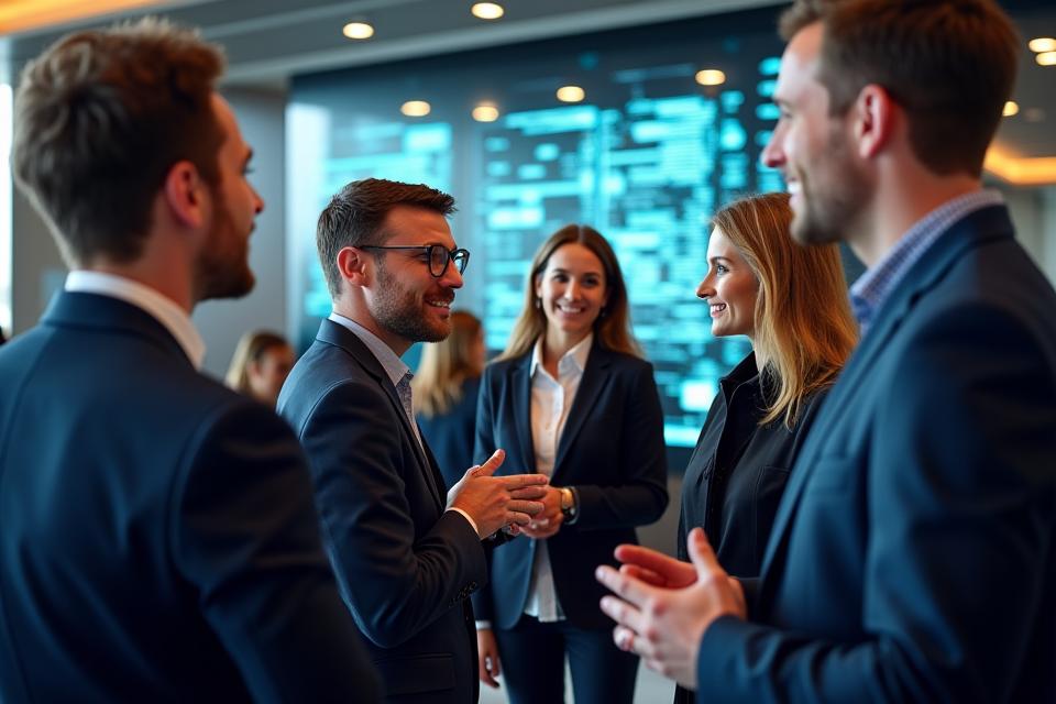 Professionals networking at a sophisticated Dallas event, subtle crypto analytics on a screen in the background.