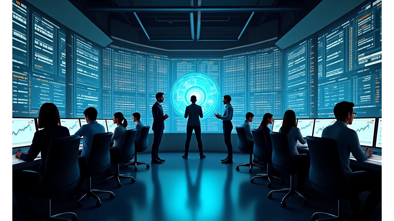 Team of Remittix Ledger Group experts collaborating, showing data on multiple screens in a modern, secure office environment with subtle crypto network overlays.