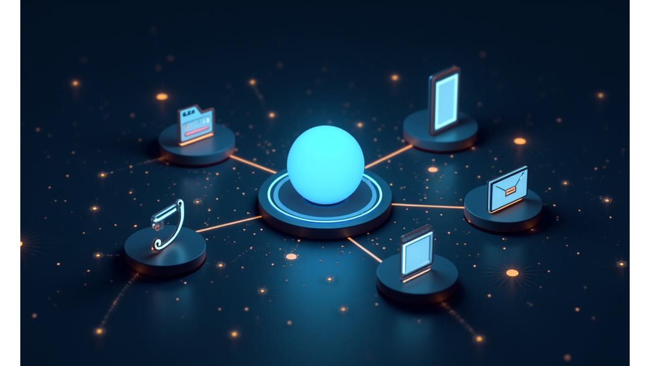 Illustration of various communication icons (phone, email, chat, video call) intricately connected by glowing lines on a dark, tech-inspired background, symbolizing comprehensive support channels and connectivity.
