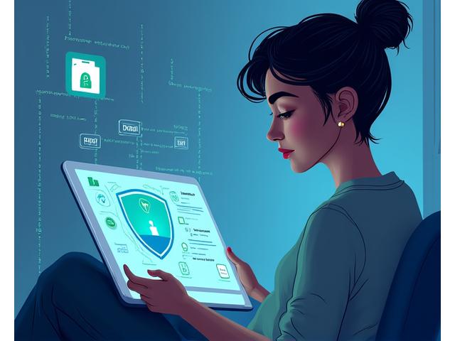 Illustration of a person learning about cybersecurity on a tablet, with digital lock icons and protective shields surrounding them