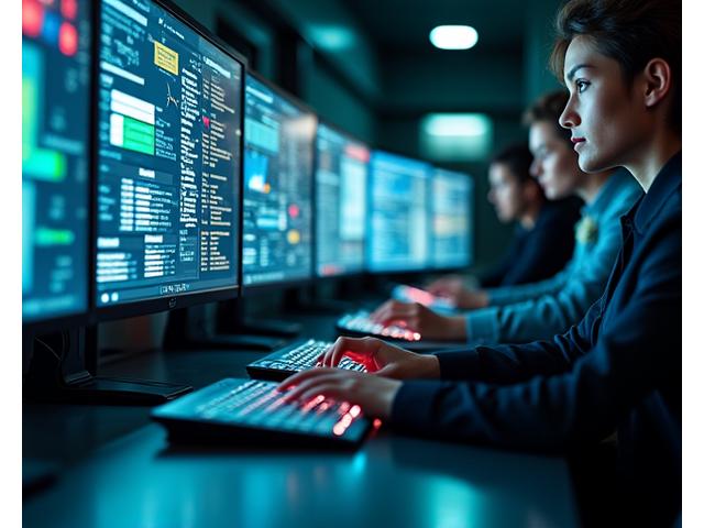 Emergency response team working swiftly in a high-tech control room with digital screens showing rapid data analysis and threat mitigation