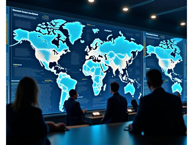 Cybersecurity analysts monitoring a large digital map displaying real-time global cyber threats and data flows