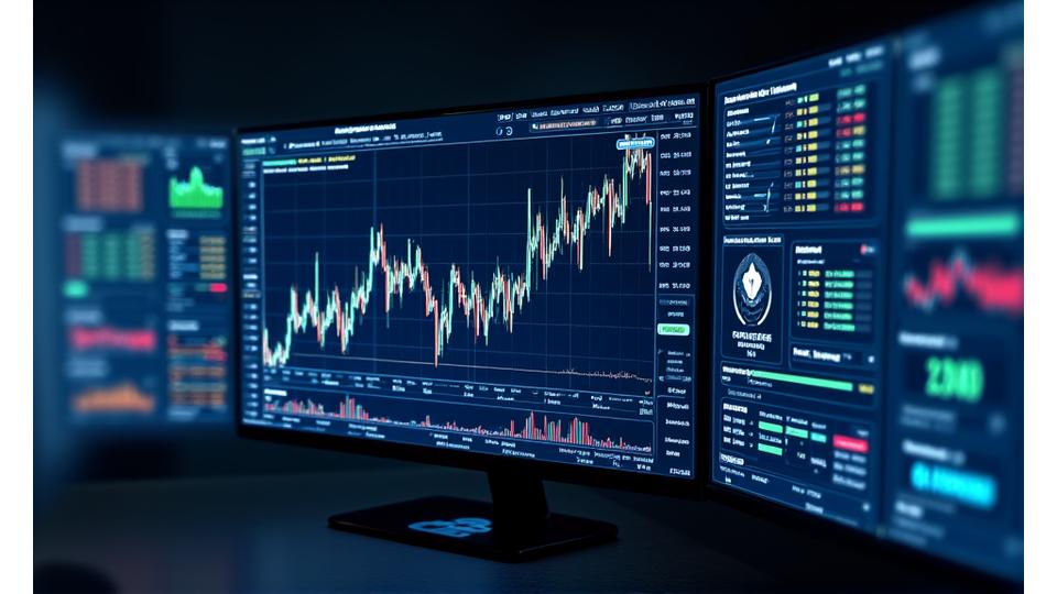 A dynamic, real-time cryptocurrency dashboard displaying complex charts, live price feeds, and a global market map with illuminated data points.