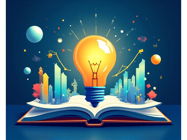A vibrant, abstract digital illustration representing knowledge and growth, with stylized books, graphs, and a lightbulb, symbolizing the early-stage crypto investment education center.