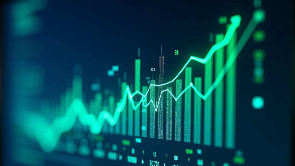 A dynamic digital chart showing significant upward trends and green growth lines, representing successful financial performance and ROI