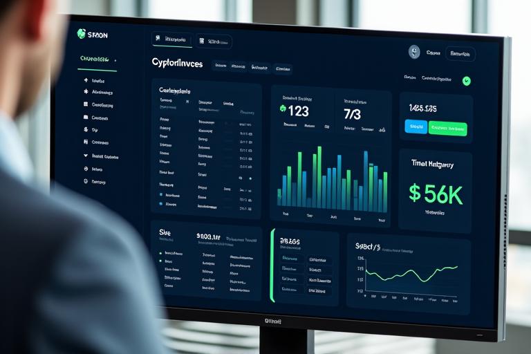 Interactive digital dashboard displaying cryptocurrency portfolio overview with pie charts and line graphs