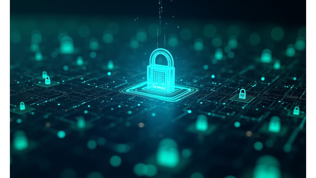 An intricate digital matrix glowing with security symbols and data streams, representing Remittix Ledger Group's comprehensive technical and procedural data protection measures.