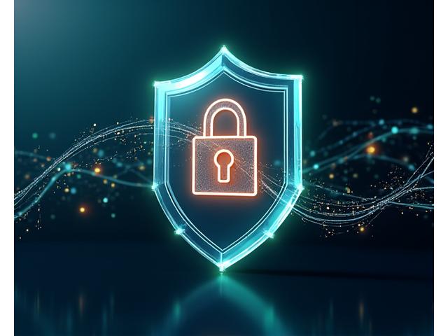Digital lock icon surrounded by a transparent shield and abstract data streams, symbolizing robust data protection and privacy in a blockchain context.